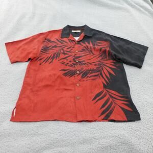 Tommy Bahama Shirt Mens Medium Button Up Silk Hawaiian Red Black Palm Leaves